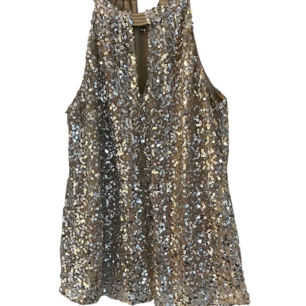 Tahari Nude Mesh w/ Silver Sequins Embellished Halter Top Sz M